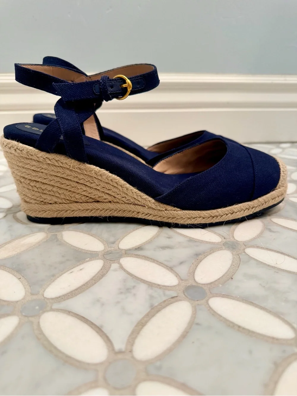 Cole Haan Cloudfeel Navy Blue Canvas Espadrille Wedge Sandals Grand 360 Sz 10.5